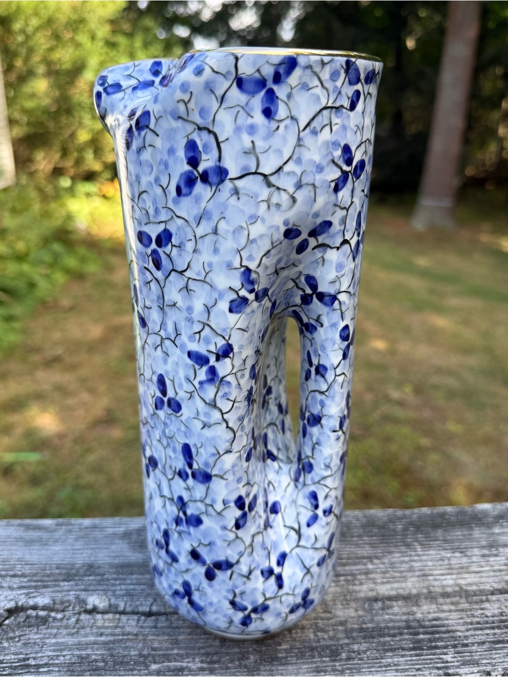 Vintage OAL Olaria de Alcobaca Portugal Hand Painted Blue White Floral Vase